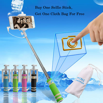 Portable Mini Folding Mobile Phone Wired self Selfie Sticks For iphone Samsung Built-in Shutter Camera Monopod Tripod Cloth Bag